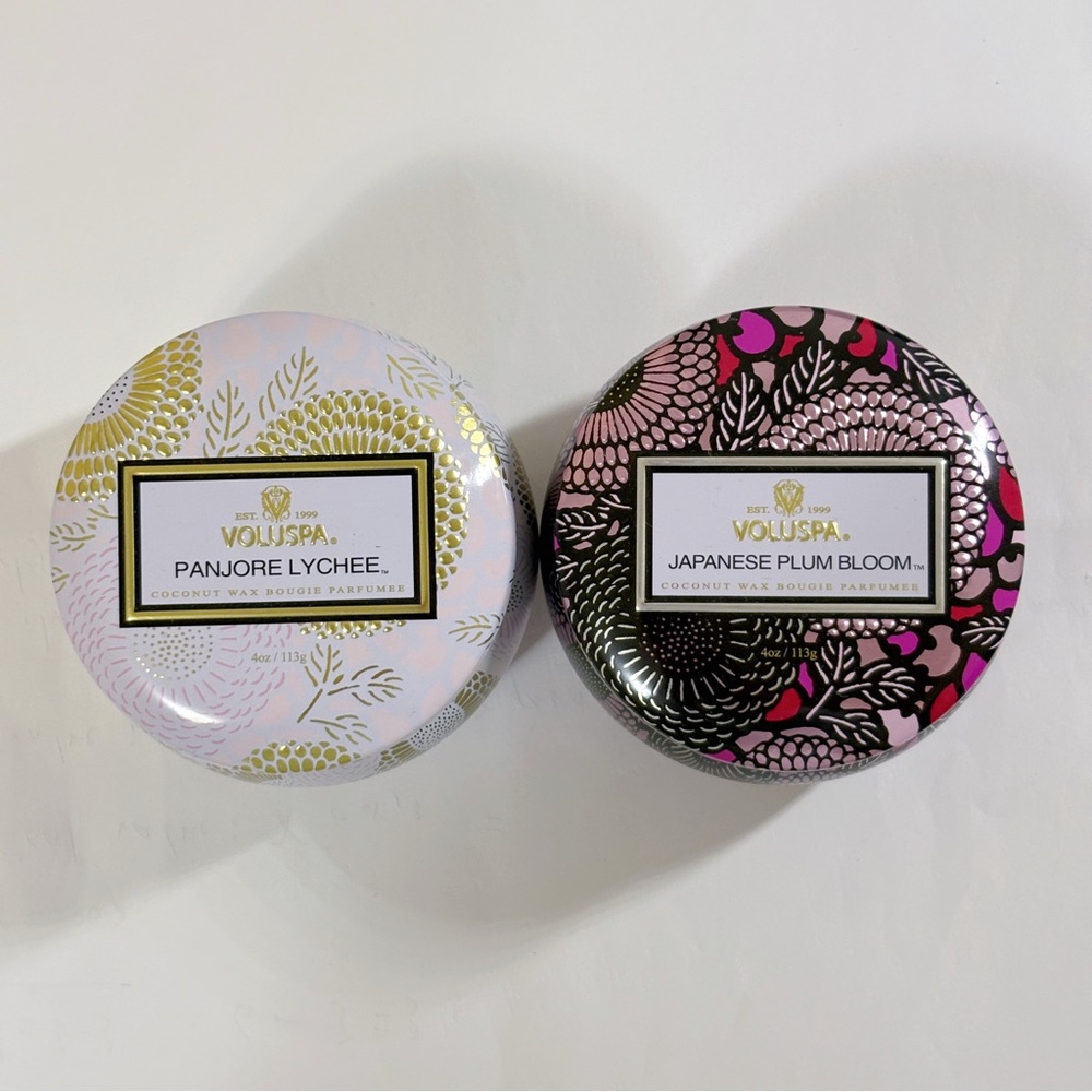 2/$15 Voluspa Candle Duo 113g Panjore Lychee and Japanese Plum Bloom Used